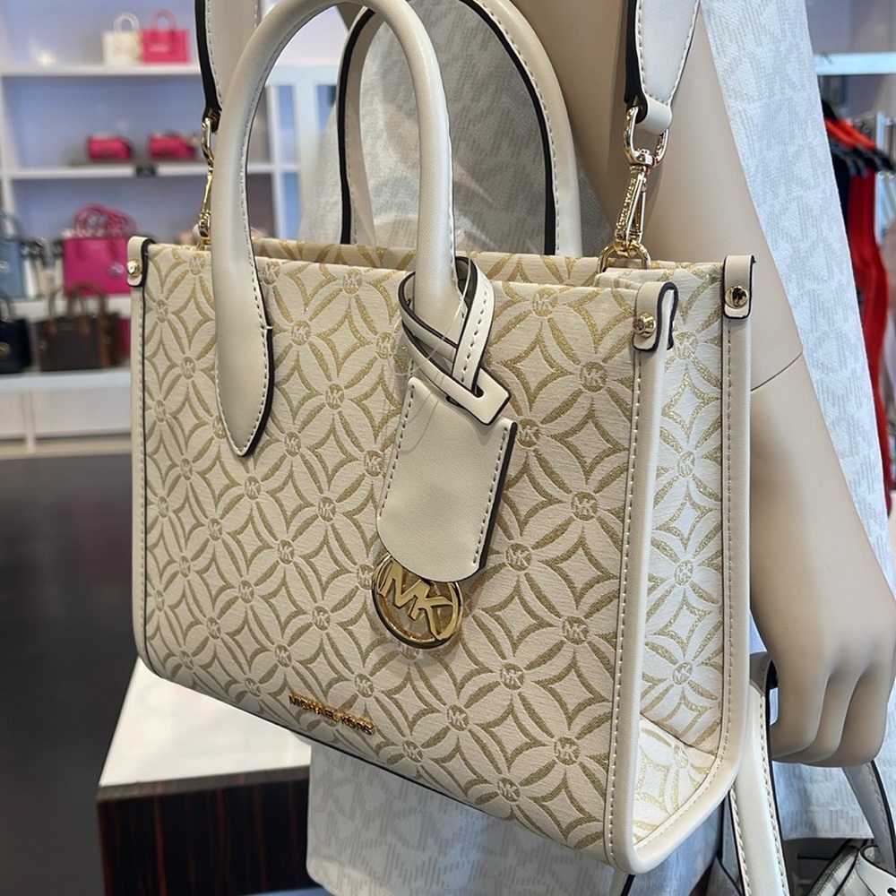 Michael Kors Mirella Small Metallic Logo Jacquard Crossbody Bag
Light Cream 
NWT - Picture 3 of 16